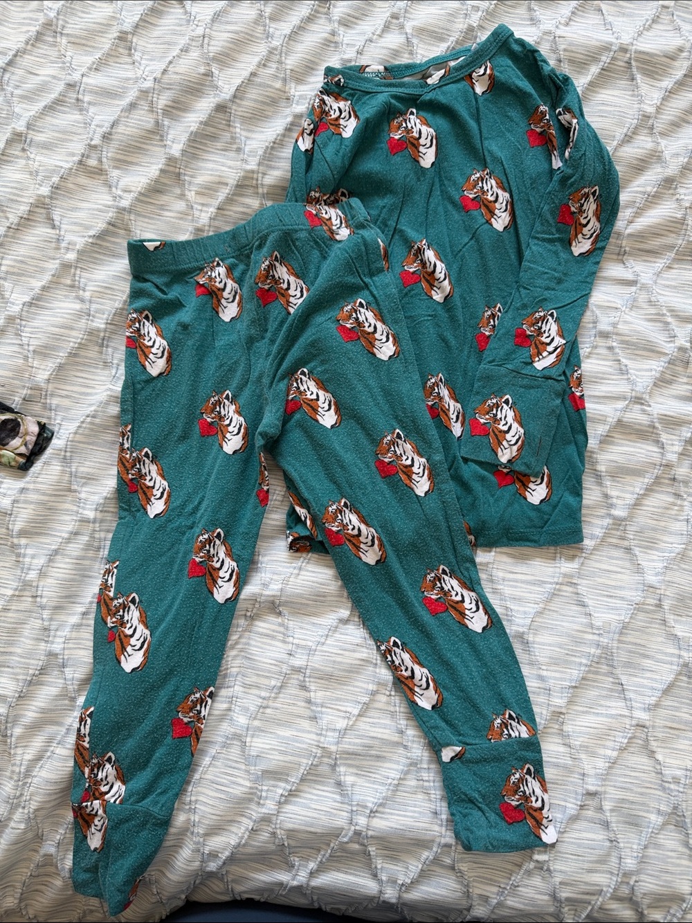 Posh Peanut Teal Tiger Print Pajama Set with Red Bow Accents